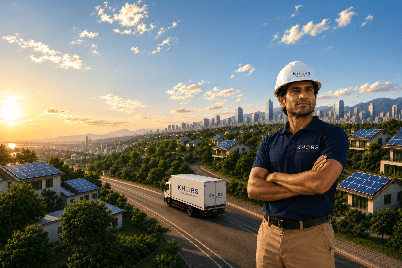 Solar technician standing above a city neighbourhood of rooftop solar homes